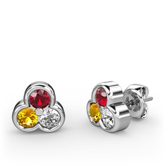 Mini Tria Küpe - Garnet, sitrin ve pırlanta 8 ayar beyaz altın küpe (0.22 karat) #10ux2y9