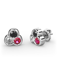 Mini Tria Küpe - Siyah zirkon, swarovski ve rodolit garnet 8 ayar beyaz altın küpe #116dr7x