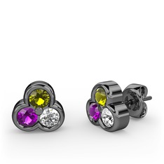 Mini Tria Küpe - Peridot, ametist ve swarovski 925 ayar siyah rodyum kaplama gümüş küpe #11ee2g5