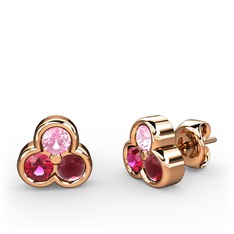 Pembe kuvars, rodolit garnet ve kök yakut 8 ayar rose altın küpe