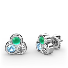 Mini Tria Küpe - Kök zümrüt, akuamarin ve swarovski 8 ayar beyaz altın küpe #11lt1z0