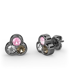 Pembe kuvars, beyaz zirkon ve dumanlı kuvars 925 ayar siyah rodyum kaplama gümüş küpe