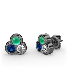 Mini Tria Küpe - Kök zümrüt, lab safir ve swarovski 925 ayar siyah rodyum kaplama gümüş küpe #123ebqd