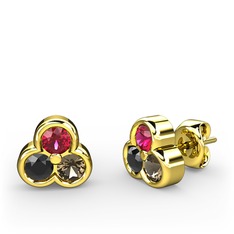 Mini Tria Küpe - Rodolit garnet, siyah zirkon ve dumanlı kuvars 14 ayar altın küpe #126hzjw