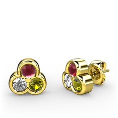 Mini Tria Küpe - Kök yakut, pırlanta ve peridot 8 ayar altın küpe (0.22 karat) #12978gm