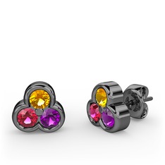 Mini Tria Küpe - Sitrin, rodolit garnet ve ametist 925 ayar siyah rodyum kaplama gümüş küpe #129x9f5