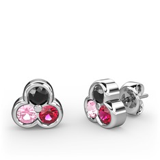 Mini Tria Küpe - Siyah zirkon, pembe kuvars ve rodolit garnet 8 ayar beyaz altın küpe #12cbojt