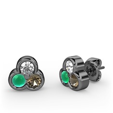 Mini Tria Küpe - Swarovski, kök zümrüt ve dumanlı kuvars 925 ayar siyah rodyum kaplama gümüş küpe #12cg0f6