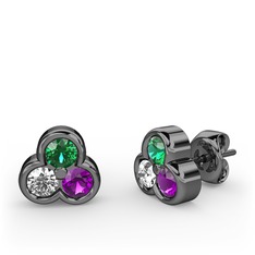Mini Tria Küpe - Yeşil kuvars, swarovski ve ametist 925 ayar siyah rodyum kaplama gümüş küpe #12n8h42