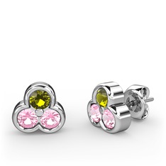 Peridot ve pembe kuvars 18 ayar beyaz altın küpe