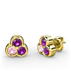 Mini Tria Küpe - Ametist ve pembe kuvars 8 ayar altın küpe #138a3e