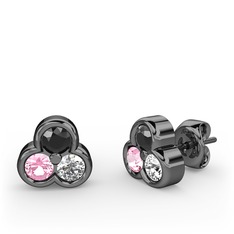 Mini Tria Küpe - Siyah zirkon, pembe kuvars ve pırlanta 925 ayar siyah rodyum kaplama gümüş küpe (0.22 karat) #139350u