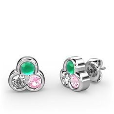 Mini Tria Küpe - Kök zümrüt, pırlanta ve pembe kuvars 925 ayar gümüş küpe (0.22 karat) #13hvd2x