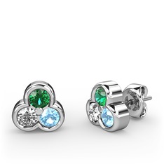Mini Tria Küpe - Yeşil kuvars, swarovski ve akuamarin 18 ayar beyaz altın küpe #13is9wr
