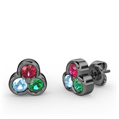 Mini Tria Küpe - Rodolit garnet, akuamarin ve yeşil kuvars 925 ayar siyah rodyum kaplama gümüş küpe #13nb9yw