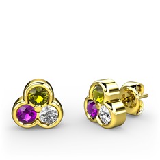 Peridot, ametist ve pırlanta 14 ayar altın küpe (0.22 karat)