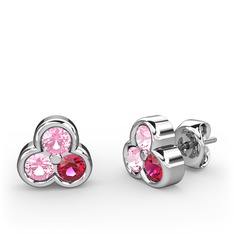 Mini Tria Küpe - Pembe kuvars ve rodolit garnet 8 ayar beyaz altın küpe #13qkiu6