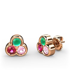 Mini Tria Küpe - Kök zümrüt, rodolit garnet ve pembe kuvars 8 ayar rose altın küpe #13qm3l