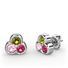 Peridot, pembe kuvars ve rodolit garnet 18 ayar beyaz altın küpe