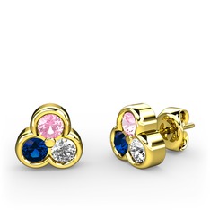 Pembe kuvars, lab safir ve swarovski 14 ayar altın küpe