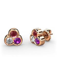 Mini Tria Küpe - Kök yakut, swarovski ve ametist 8 ayar rose altın küpe #142jhur