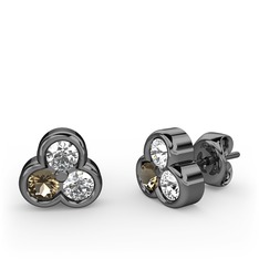 Mini Tria Küpe - Pırlanta, dumanlı kuvars ve swarovski 925 ayar siyah rodyum kaplama gümüş küpe (0.22 karat) #149xvsx