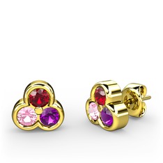 Mini Tria Küpe - Garnet, pembe kuvars ve ametist 8 ayar altın küpe #14bfqbc