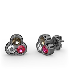 Mini Tria Küpe - Dumanlı kuvars, swarovski ve rodolit garnet 925 ayar siyah rodyum kaplama gümüş küpe #14gfo1i
