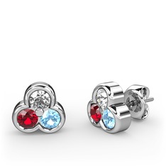 Beyaz zirkon, garnet ve akuamarin 925 ayar gümüş küpe