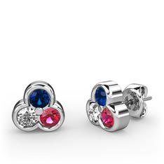 Mini Tria Küpe - Lab safir, swarovski ve rodolit garnet 8 ayar beyaz altın küpe #14m5me4