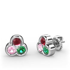 Mini Tria Küpe - Kök yakut, pembe kuvars ve yeşil kuvars 8 ayar beyaz altın küpe #14pu2b0