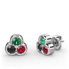 Mini Tria Küpe - Yeşil kuvars, siyah zirkon ve garnet 8 ayar beyaz altın küpe #14u683a