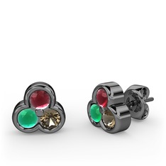 Mini Tria Küpe - Kök yakut, kök zümrüt ve dumanlı kuvars 925 ayar siyah rodyum kaplama gümüş küpe #14wqkyq