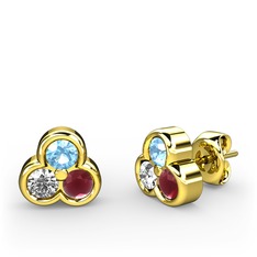 Mini Tria Küpe - Akuamarin, swarovski ve kök yakut 18 ayar altın küpe #14xildb
