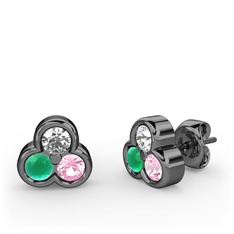 Mini Tria Küpe - Swarovski, kök zümrüt ve pembe kuvars 925 ayar siyah rodyum kaplama gümüş küpe #14ykqih