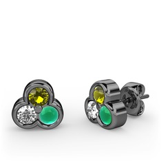 Mini Tria Küpe - Peridot, pırlanta ve kök zümrüt 925 ayar siyah rodyum kaplama gümüş küpe (0.22 karat) #14zkx59