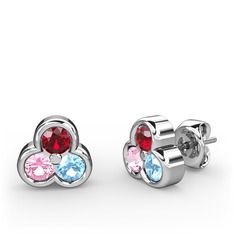 Garnet, pembe kuvars ve akuamarin 14 ayar beyaz altın küpe