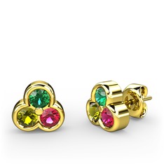 Mini Tria Küpe - Yeşil kuvars, peridot ve rodolit garnet 14 ayar altın küpe #15aovau