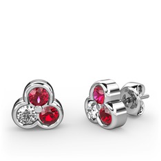 Mini Tria Küpe - Rodolit garnet, swarovski ve garnet 18 ayar beyaz altın küpe #15x3swp