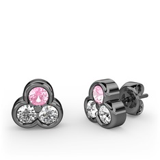 Mini Tria Küpe - Pembe kuvars, beyaz zirkon ve pırlanta 925 ayar siyah rodyum kaplama gümüş küpe (0.22 karat) #16p016t