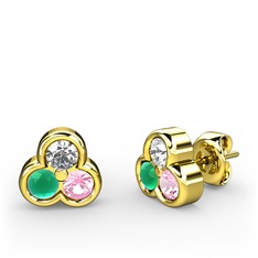 Mini Tria Küpe - Swarovski, kök zümrüt ve pembe kuvars 14 ayar altın küpe #16rvtaq