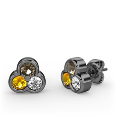 Mini Tria Küpe - Dumanlı kuvars, sitrin ve swarovski 925 ayar siyah rodyum kaplama gümüş küpe #16vcuay