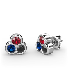 Mini Tria Küpe - Garnet, lab safir ve siyah zirkon 14 ayar beyaz altın küpe #179kf5n