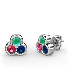 Mini Tria Küpe - Kök zümrüt, rodolit garnet ve lab safir 14 ayar beyaz altın küpe #17l1g6s