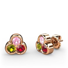 Mini Tria Küpe - Pembe kuvars, peridot ve garnet 14 ayar rose altın küpe #17qm0n3