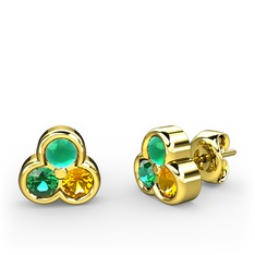 Mini Tria Küpe - Kök zümrüt, yeşil kuvars ve sitrin 8 ayar altın küpe #17vddxf