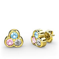 Mini Tria Küpe - Akuamarin, pembe kuvars ve pırlanta 8 ayar altın küpe (0.22 karat) #17wgmbp