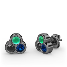 Mini Tria Küpe - Kök zümrüt, siyah zirkon ve lab safir 925 ayar siyah rodyum kaplama gümüş küpe #183l85