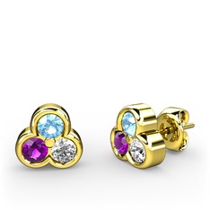 Akuamarin, ametist ve swarovski 8 ayar altın küpe