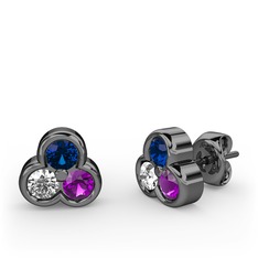 Mini Tria Küpe - Lab safir, swarovski ve ametist 925 ayar siyah rodyum kaplama gümüş küpe #18hf7ef